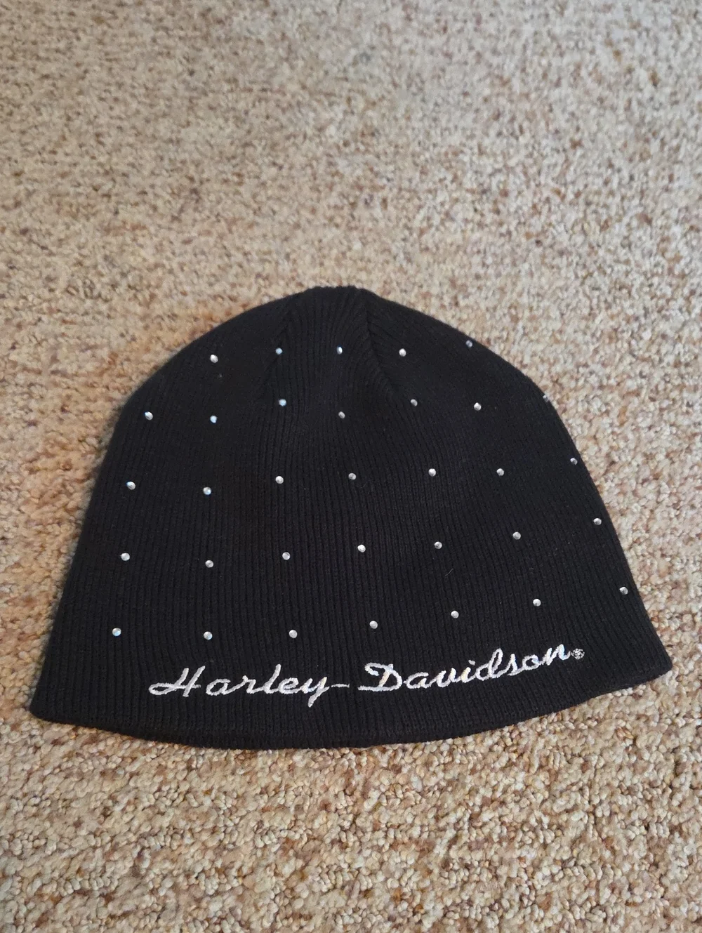 Harley Davidson Rhinestone Embellished Ribbed Knit Black Beanie.